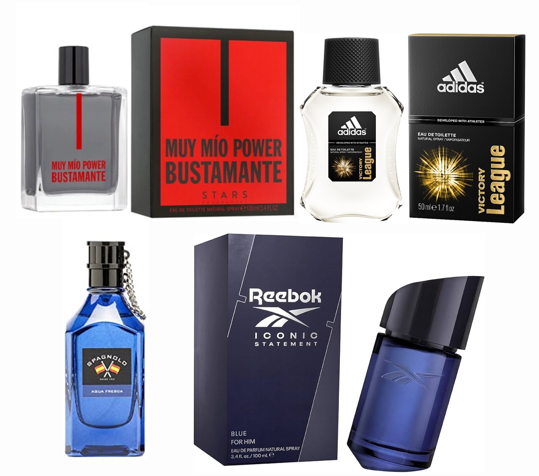LOTE 17 DE HOMBRE: BUSTAMANTE MUY MIO POWER EDT 100 ML @ + ADIDAS VICTORY LEAGUE EDT 100 ML @ + REEBOK ICONIC BLUE MAN EDT 100 ML @ + SPAGNOLO AGUA FRESCA EDT 75 ML @