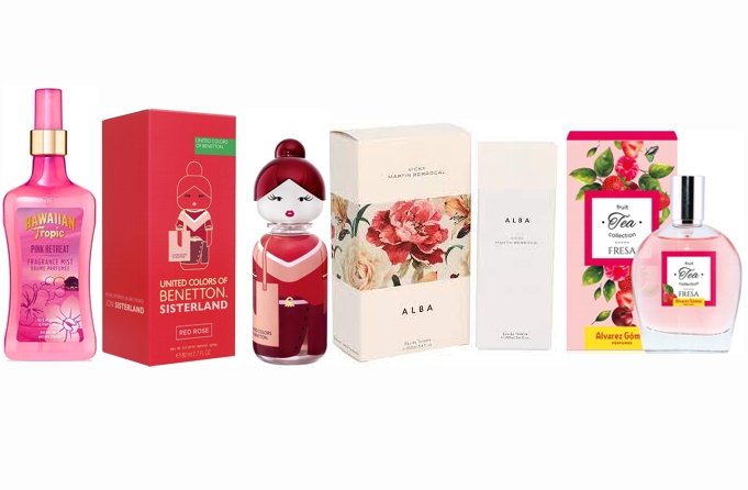 LOTE 24 DE MUJER: ALVAREZ GOMEZ FRUIT TEA FRESA EDT 100 ML @ + BENETTON SISTERLAND RED ROSE EDT 80 ML @ + BERROCAL ALBA EDT 100 ML @ + HAWAIIAN TROPIC PINK RETREAT 250 ML @