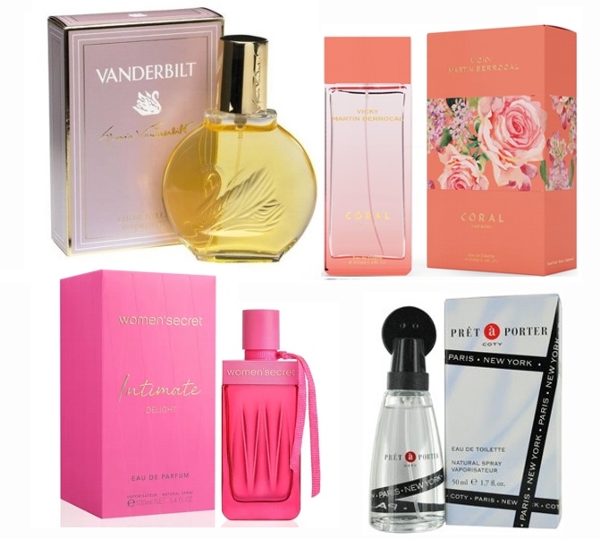 LOTE 25 DE MUJER: GLORIA VANDERBILT EDT 100 ML @ + BERROCAL CORAL EDT 100 ML @ + PRET A PORTER EDT 50 ML @ + WOMAN SECRET INTIMATE DELIGHT  EDP 100 ML @