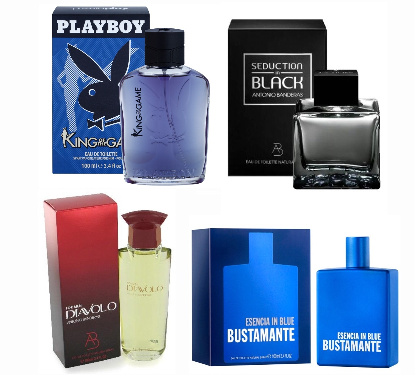 LOTE 3 DE HOMBRE: BUSTAMANTE IN BLUE EDT 100 ML @ + ANTONIO BANDERAS DIAVOLO FOR MEN EDT 100 ML @ + BANDERAS SEDUCTION IN BLACK EDT 100 ML @ +  PLAYBOY KING OF THE GAME LUI 60 ML @