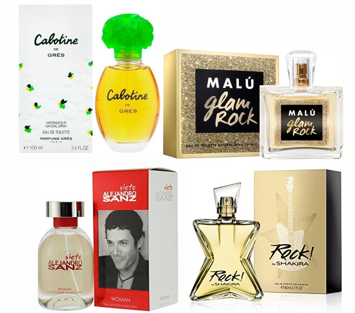 LOTE 7 DE MUJER: CABOTINE GRES 100 ML @ + ALEJANDRO SANZ 7 WOMAN EDT 100 ML @ + MALU GLAM ROCK EDT 100 ML @ + ROCK BY SHAKIRA EDT 80 ML @